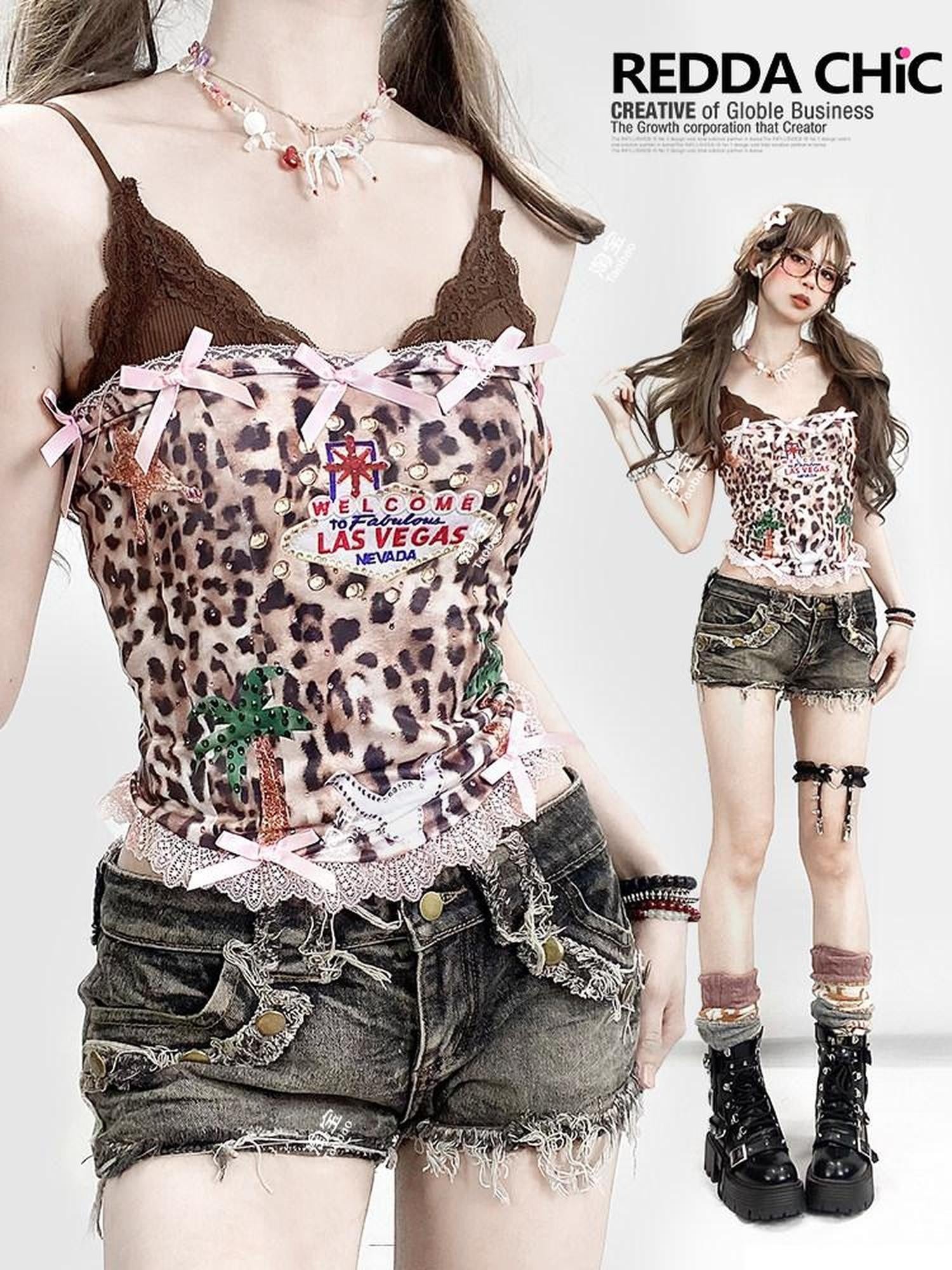 REDDACHIC Pink Leopard Print Bow Padded Waist Cinch Women'S Lace Tube Tops / Bandeaus