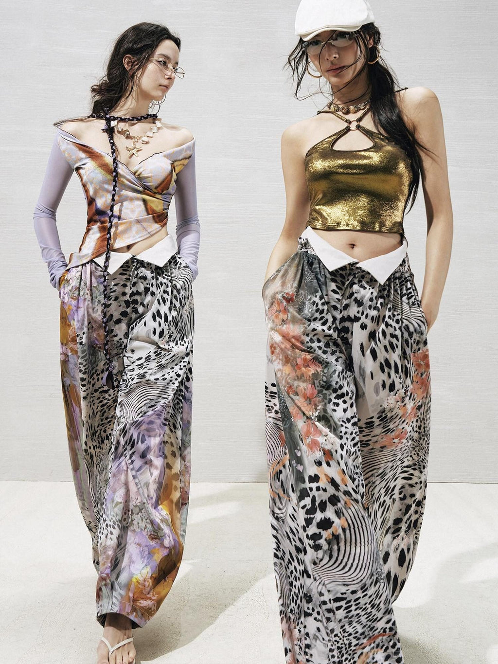 OfAkiva High Waist Leopard Print Cuffed Minimal Women Light Stretch Wide Leg Pants