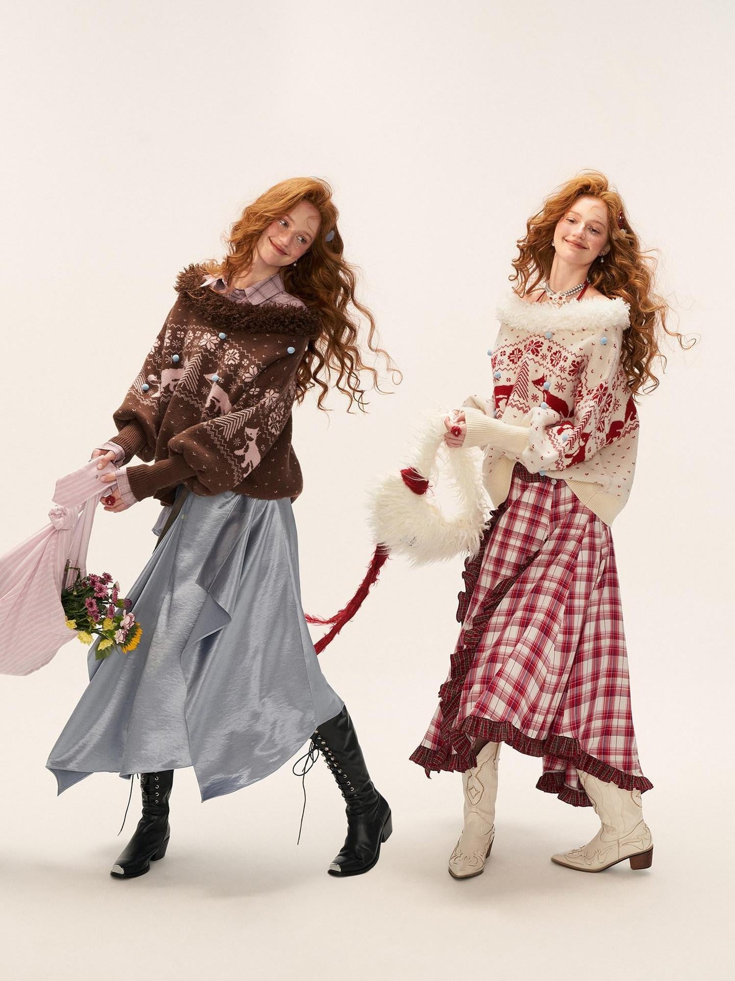 MAMC Cute Animal V-neck Loose Fit Commuter Pullover For Women Knitwear Sweaters