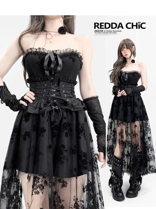 REDDACHIC Black Lace Spliced Aline Waist Cinch Women'S Mesh Strapless Midi Dresses