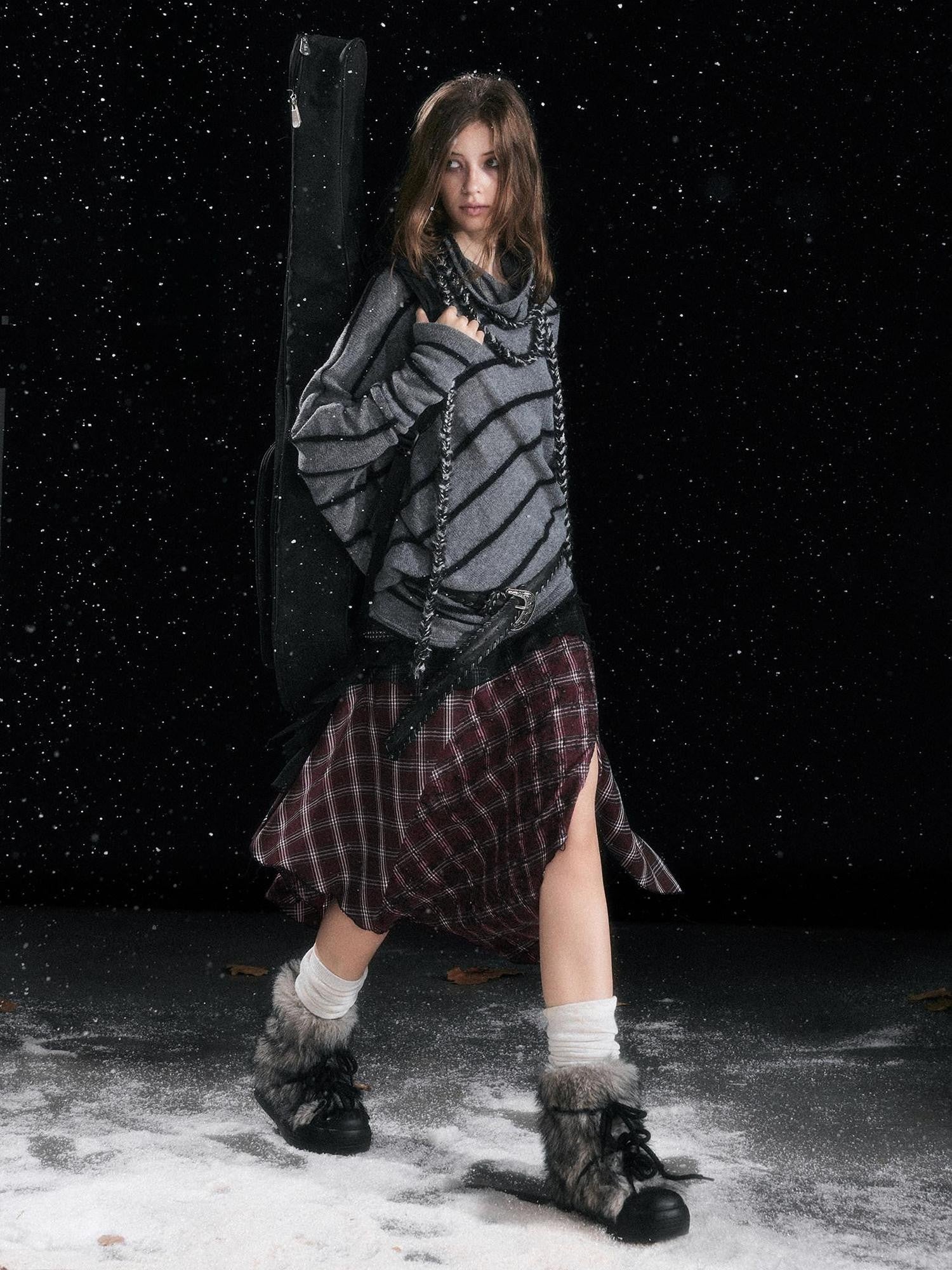 Cest Nous Cozy Thick Street Oversized Batwing Turtleneck Tie Front Women Striped Sweaters