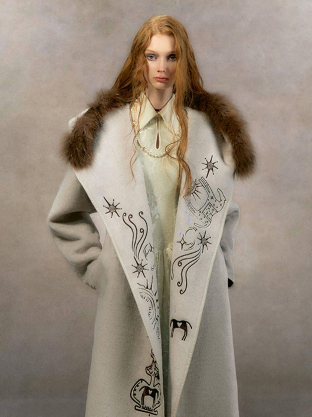 OfAkiva Thick Embroidered Hooded Relaxed Mystic Wool Midlength Brown Long Coats