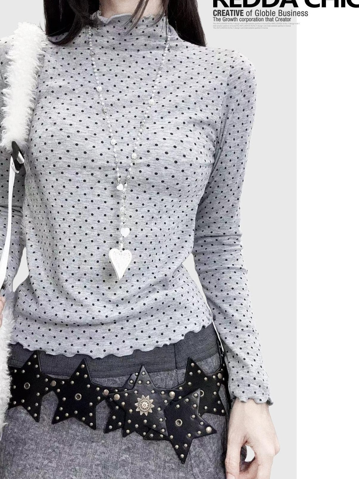 REDDACHIC Gray Polka Dot Knit Half Turtleneck Slim Women'S Long Sleeve T-Shirts