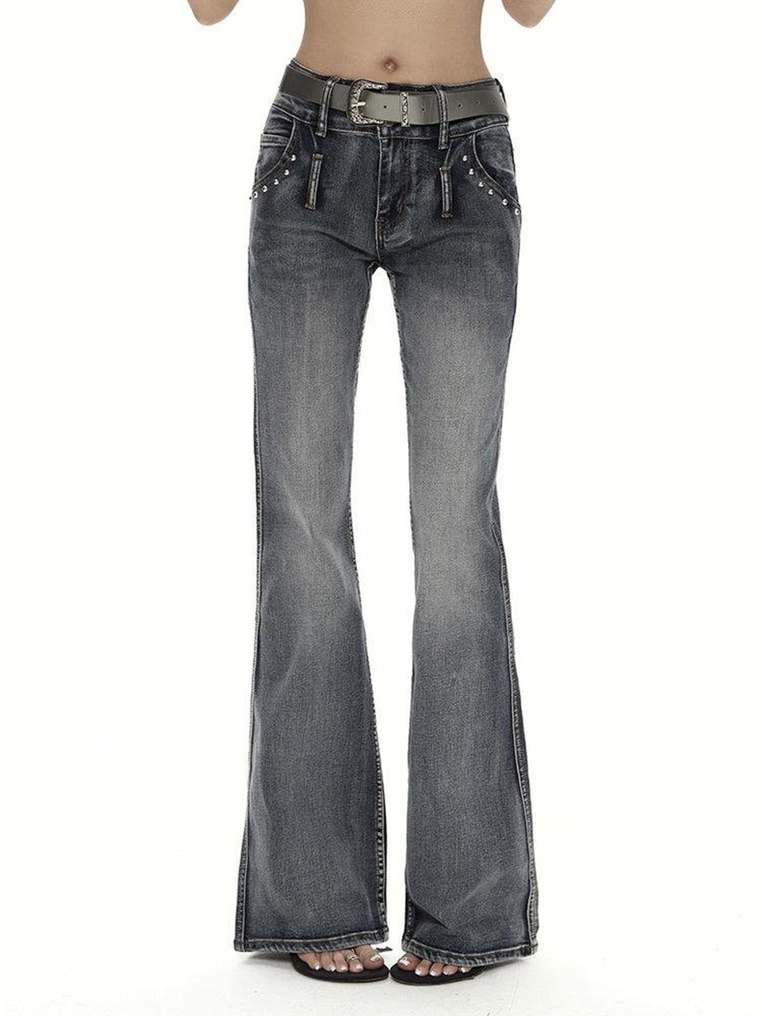 ZERO High Stretch Washed Vintage Blue Slim Natural Waist Pockets Women Denim Flared Jeans