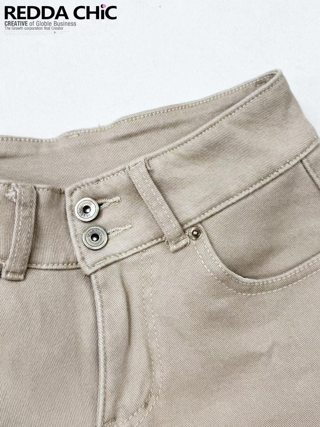 REDDACHIC Vintage Khaki Fleece Lined High Waist Slim Women'S Cotton Stretch Denim Shorts