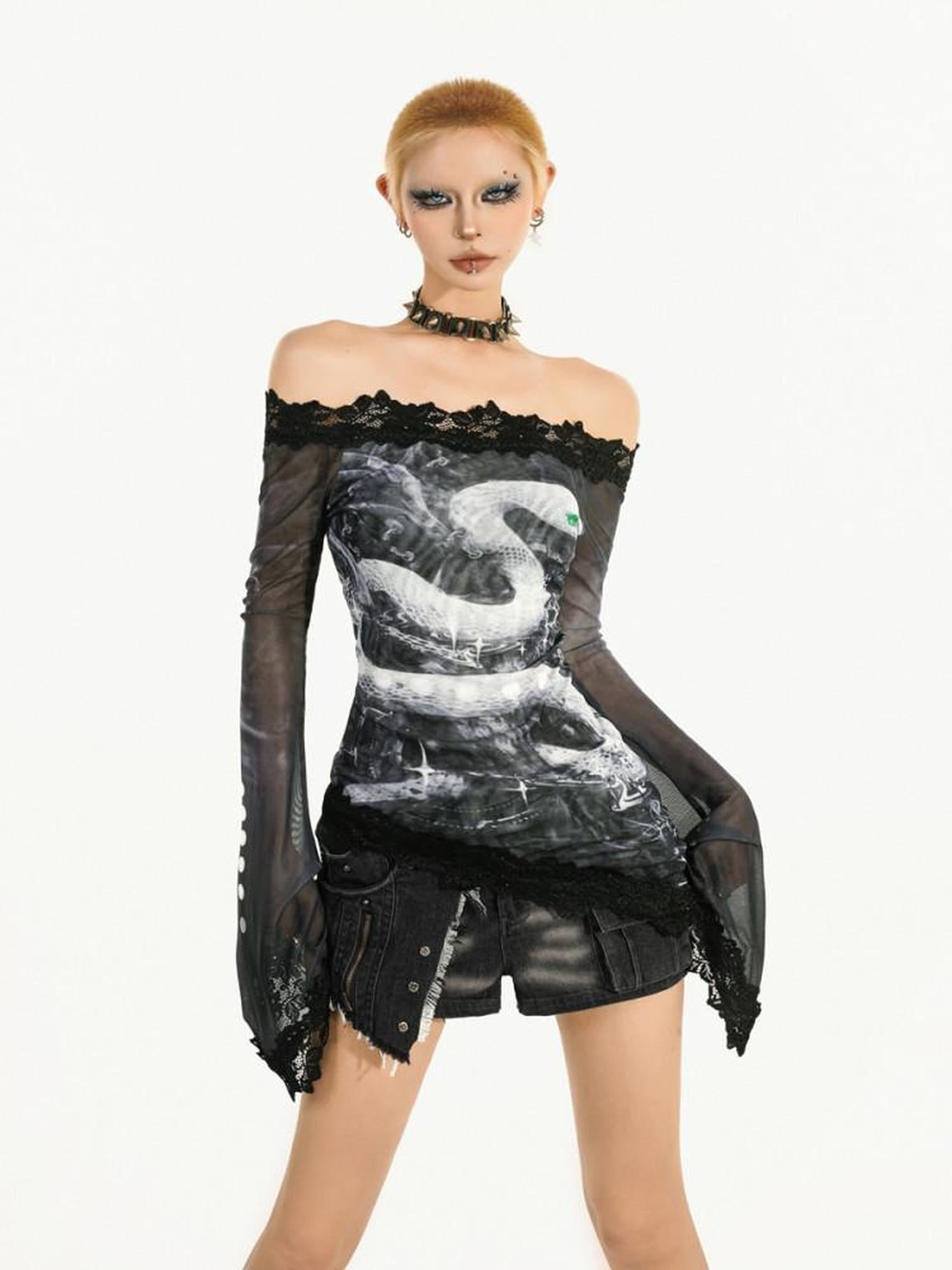 Nico Molly Quickdry Mesh Slim Fit Patchwork Bardot Bell Sleeve Women Long Sleeve T-Shirts