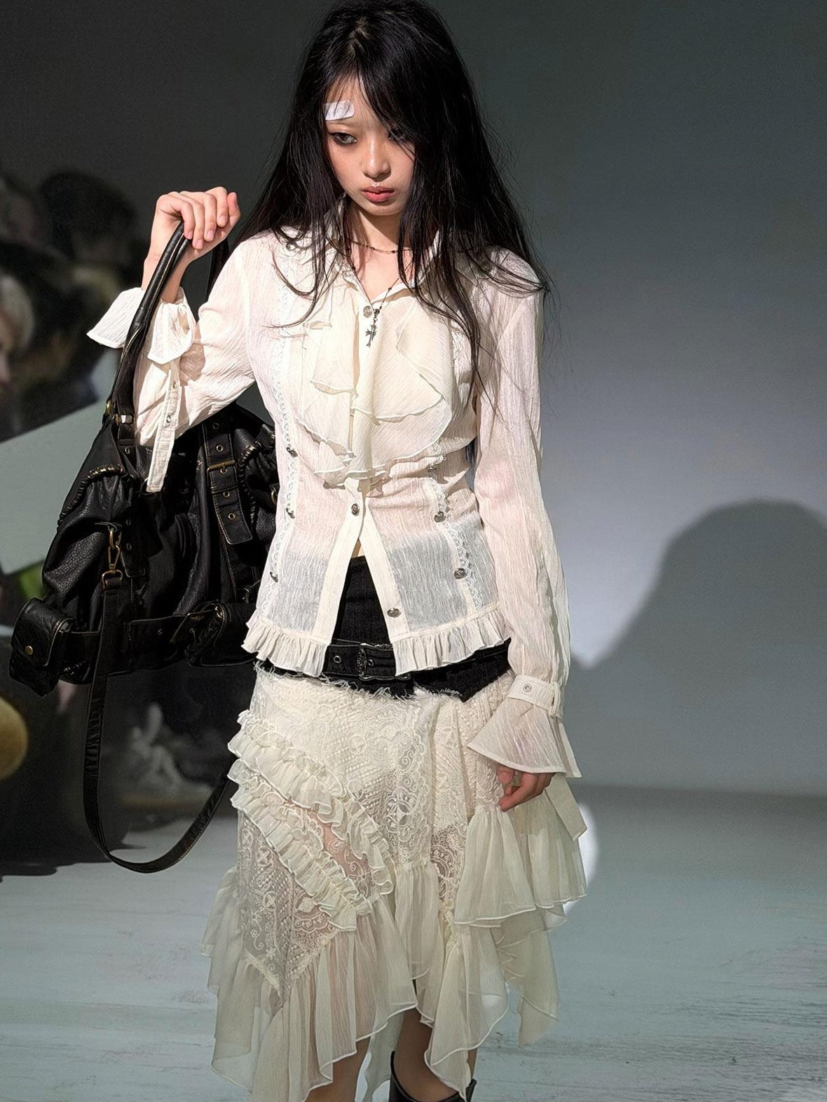 Cest Nous Asymmetric Lace Mid Waist Slim Fit Irregular Hem Women Midiskirts