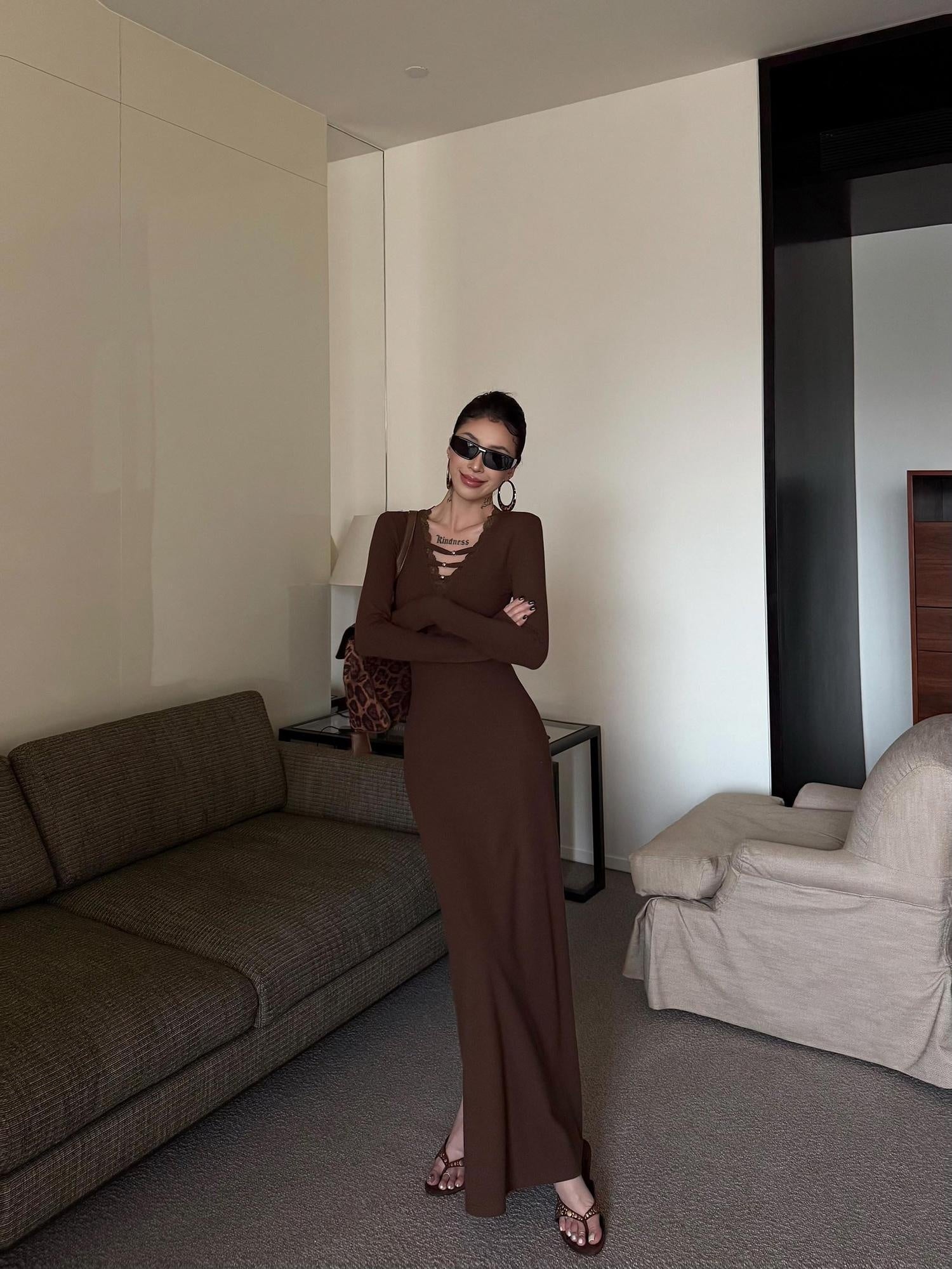 ZERO Slim V-neck Long Sleeve Patchwork Knit Mermaid Street Casual Women Maxi Dresses