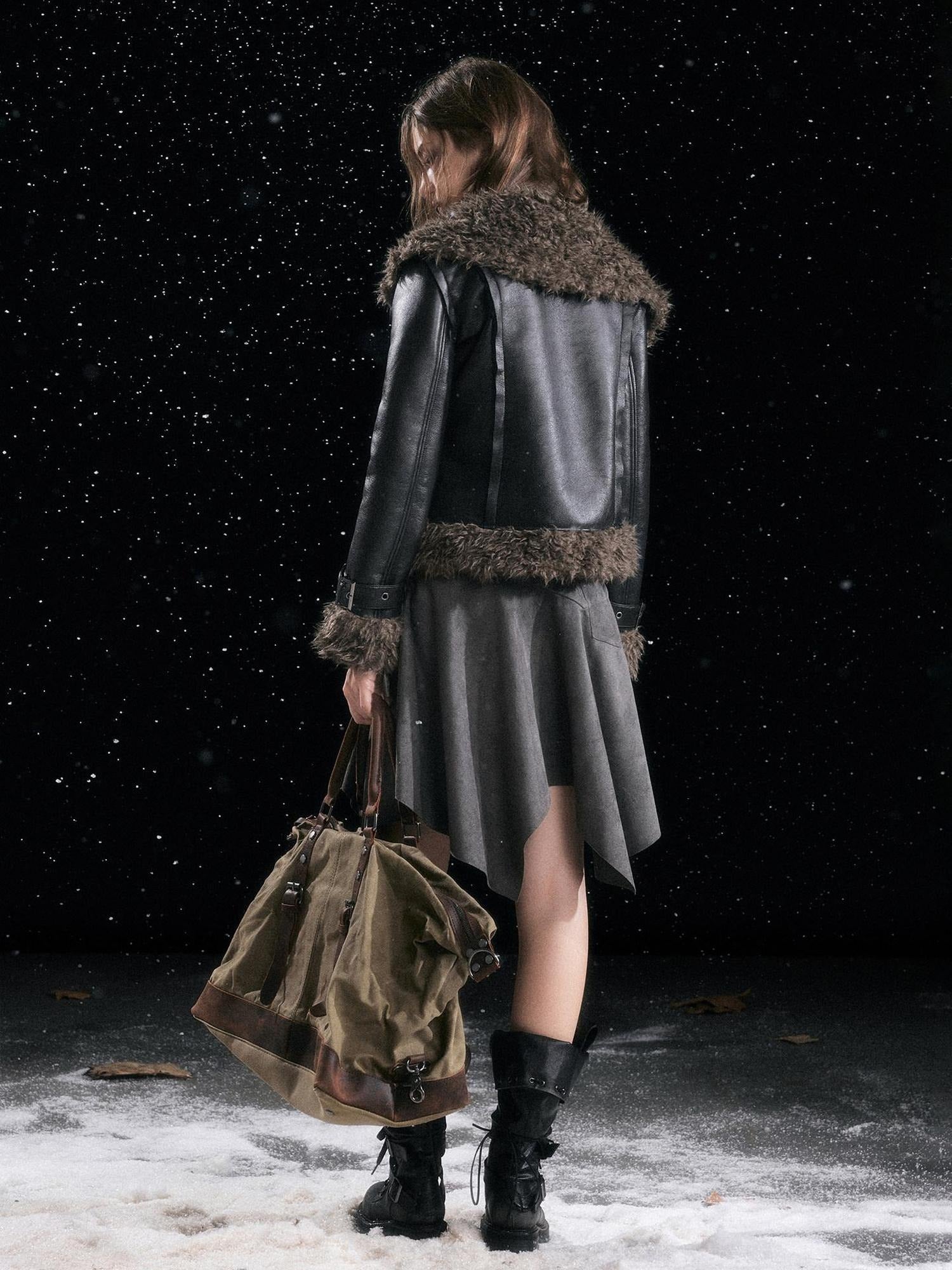 Cest Nous Slimming Thick Punk Straight Cut Faux Shearling Lapel Zip Women Croppedjackets