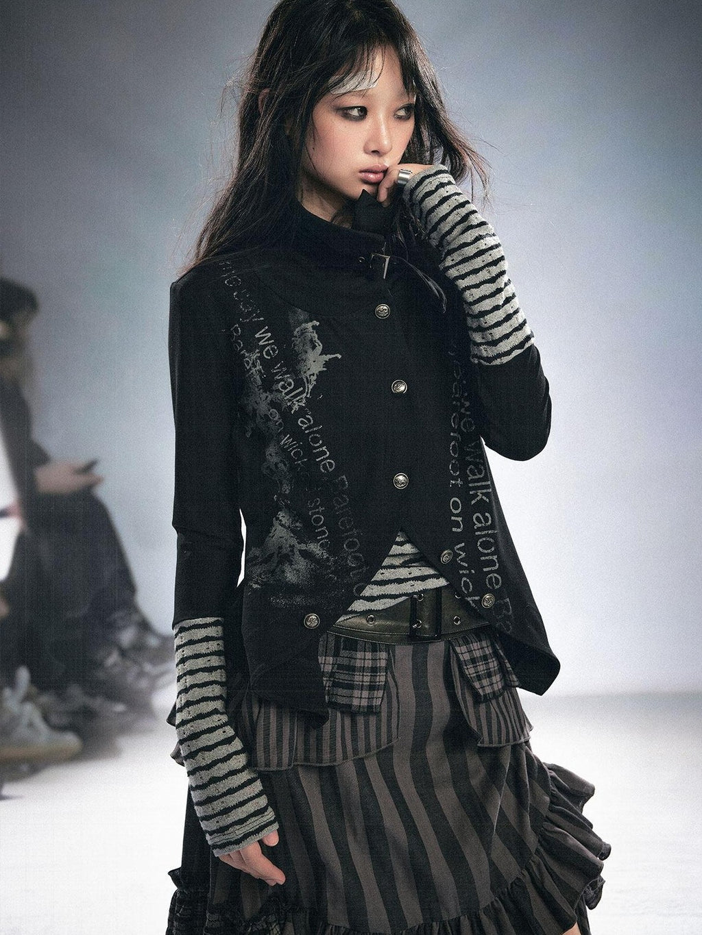 Cest Nous Stretch Cotton Punk Faux Layer Women Striped Pullover Black White Cardigans