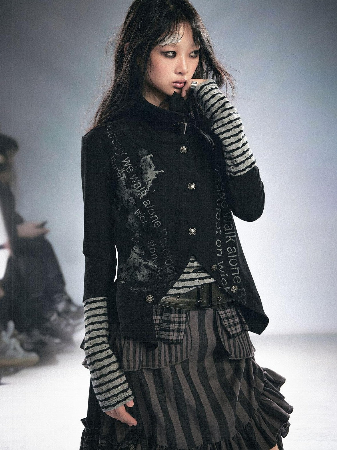 Cest Nous Stretch Cotton Punk Faux Layer Women Striped Pullover Black White Cardigans