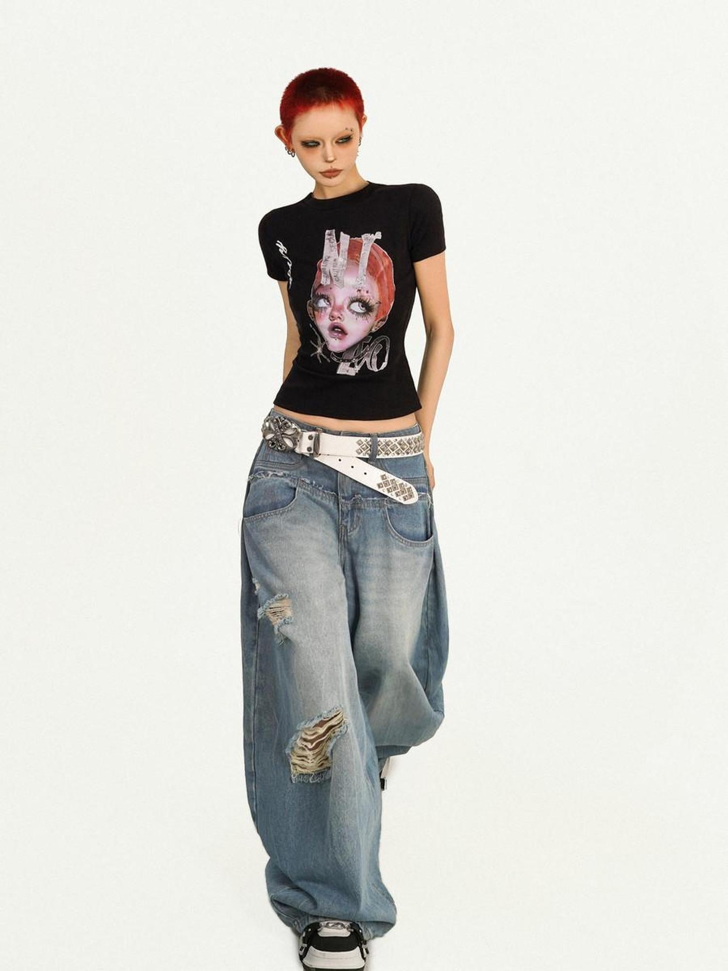 Nico Molly Moisture Wicking Slim Casual Creative Print Round Neck Women Basic Crop Tops