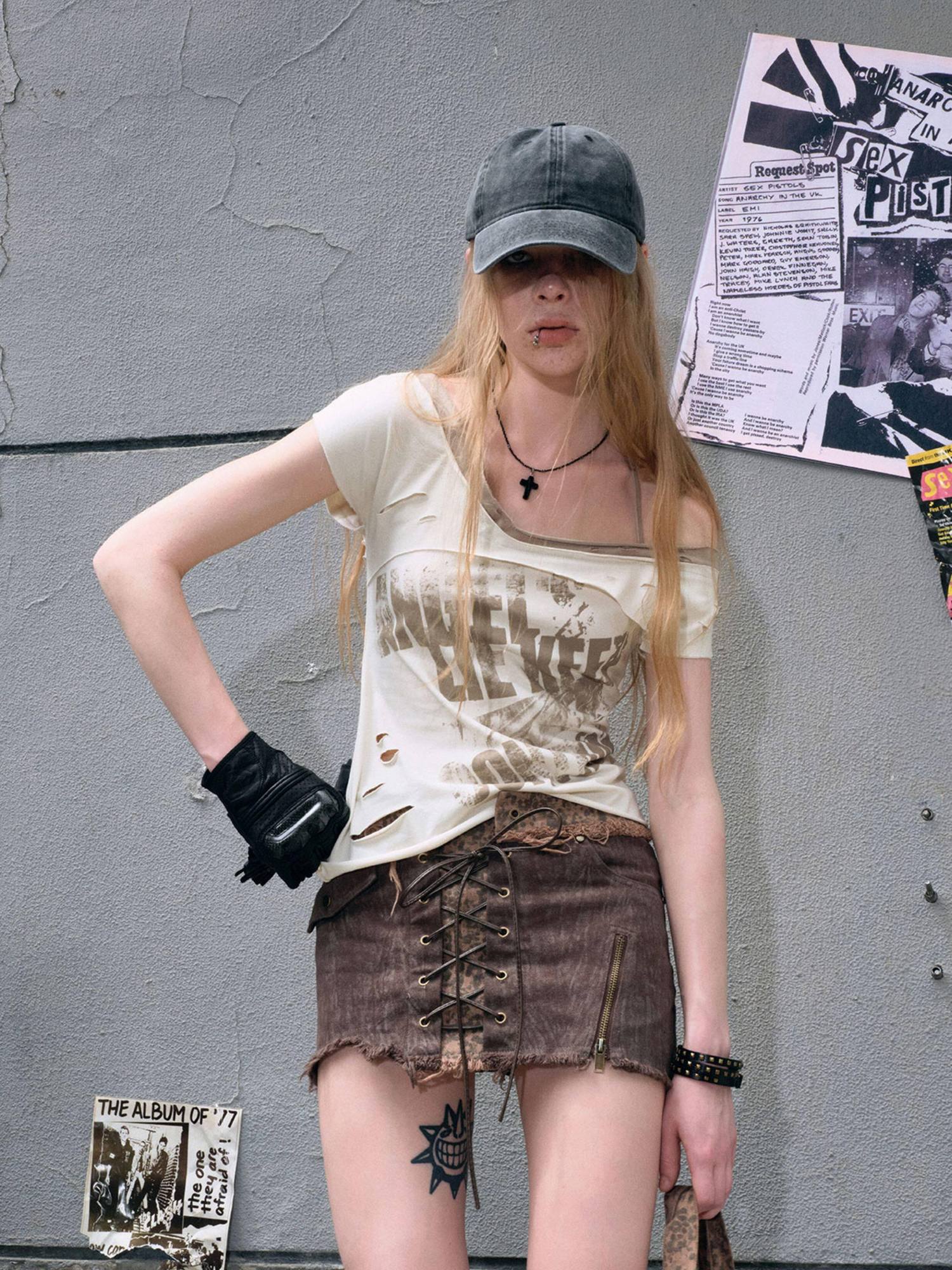 Cest Nous Soft Cotton Blend V-neck Punk Short Sleeve Women Beige Sage Offshouldercroptops