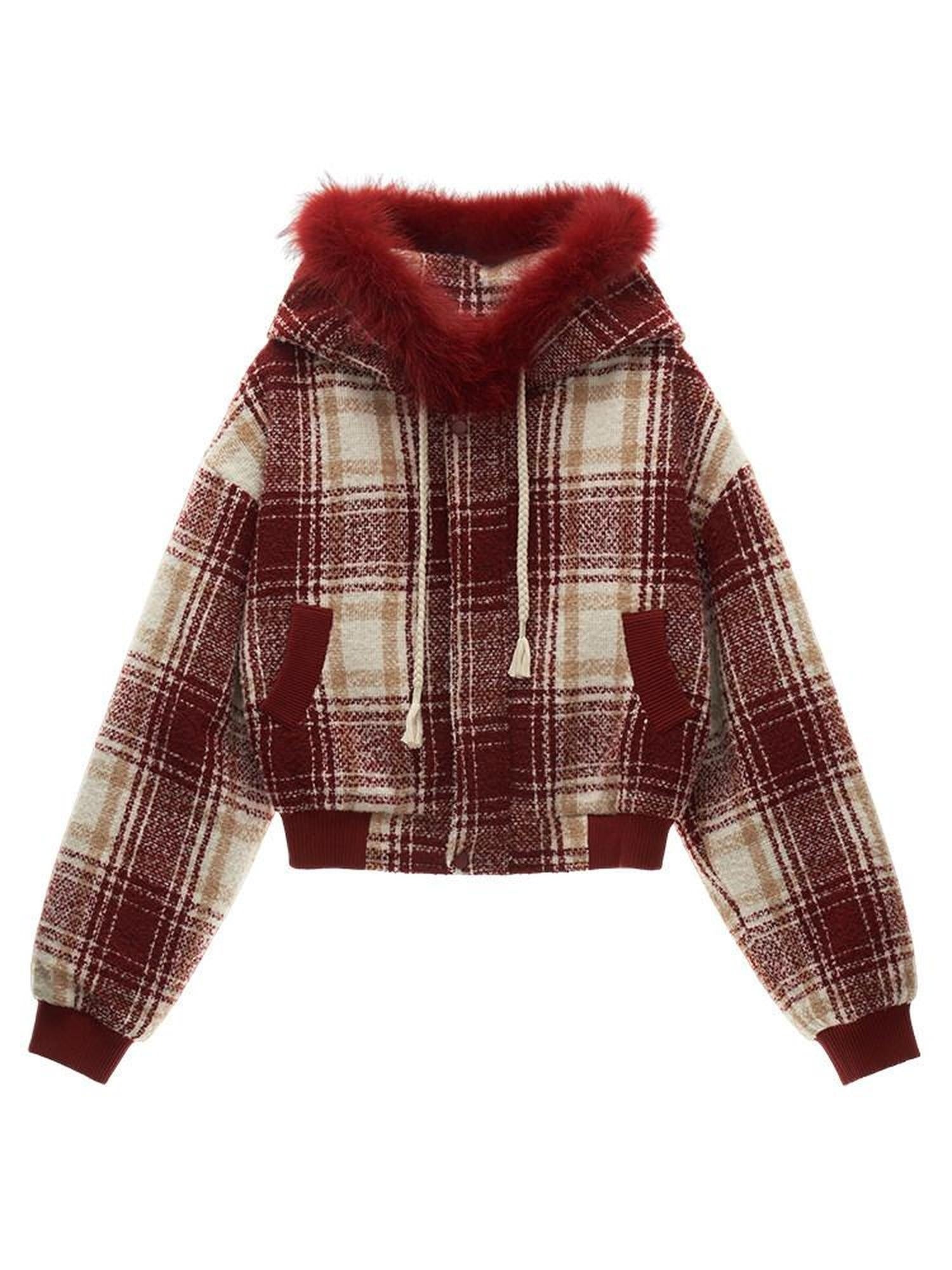 MAMC Plaid Red Polyester Panelled Short Lapel Straight Fit Office Cropped Jackets