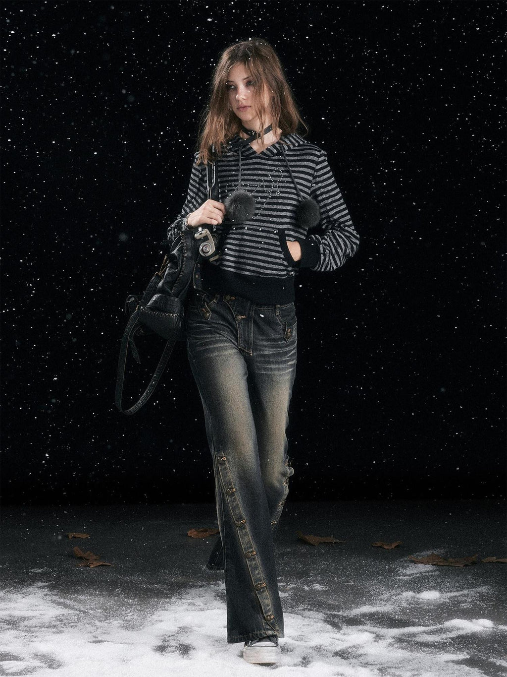 Cest Nous Acrylic Blend Loose Fit Commuter Pullover Women Striped Black Gray Hooded Hoodie
