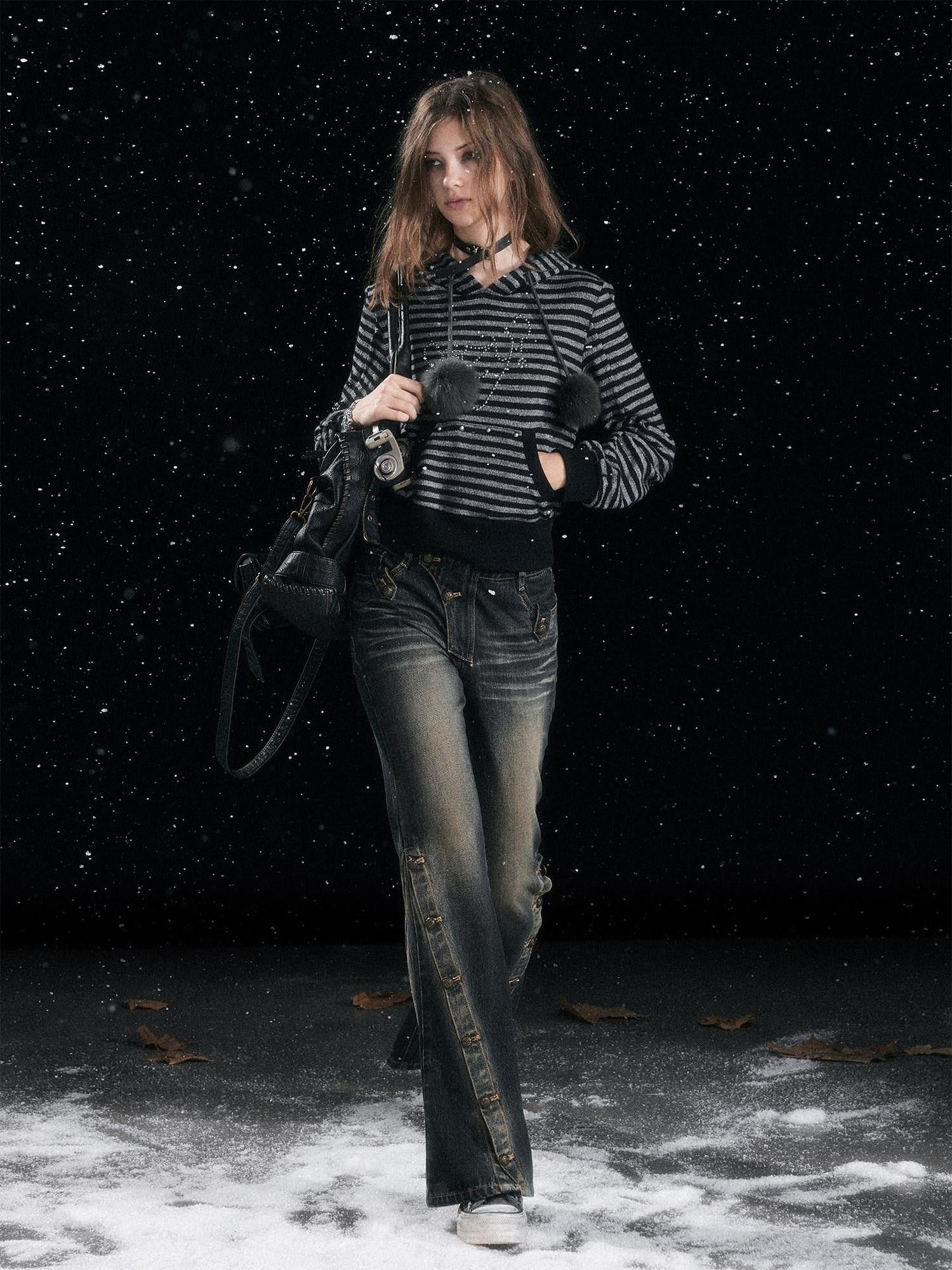 Cest Nous Acrylic Blend Loose Fit Commuter Pullover Women Striped Black Gray Hooded Hoodie