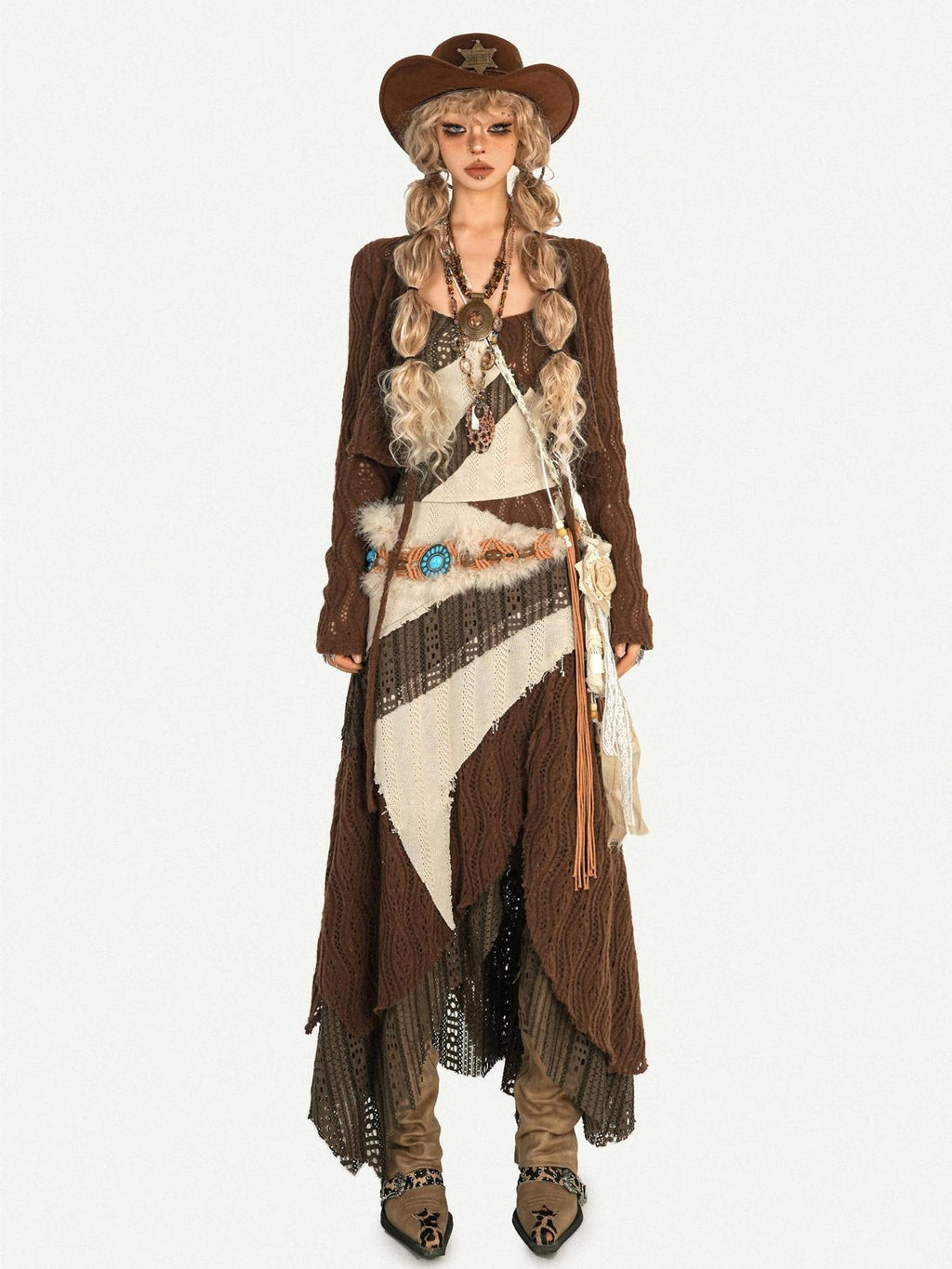 Nico Molly Fringed Knit Slim Fit Vintage Beige High Waist Casual Youth Top & Skirt Sets