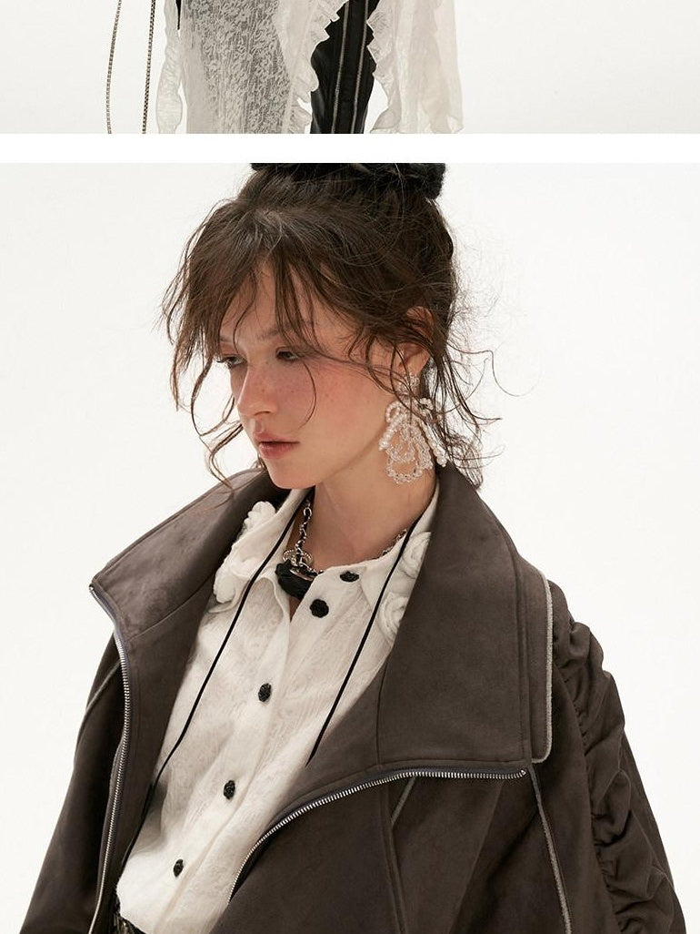 MAMC Stretch Polyester Loose Fit Mechanical Lapel Zipper Gray Leather Jackets