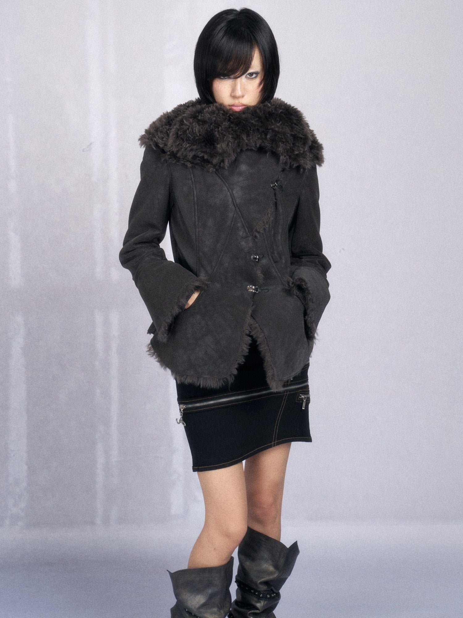 OPEN AESTHETIC Warm Faux Fur Oversized Lapel Collar Women Dark Aesthetic Black Casual Jackets