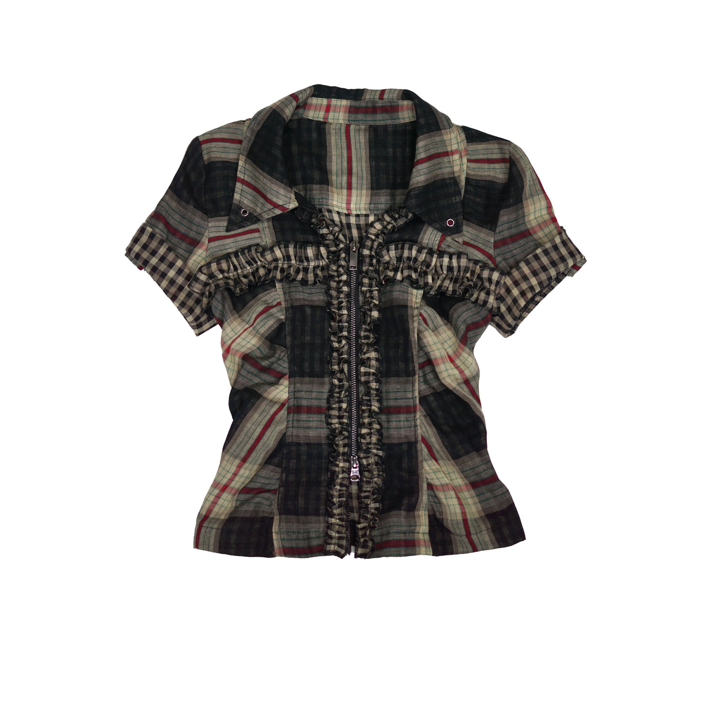 Cest_Nous_Ruched_Patchwork_Slim_Punk_Plaid_Cotton_Zip_Short_Sleeve_Blouses_MISSTT
