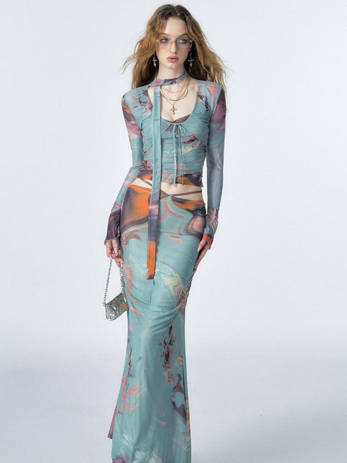 OfAkiva Polyester Camisole Two Piece With Shawl S M L Xl For Women Top & Skirt Sets