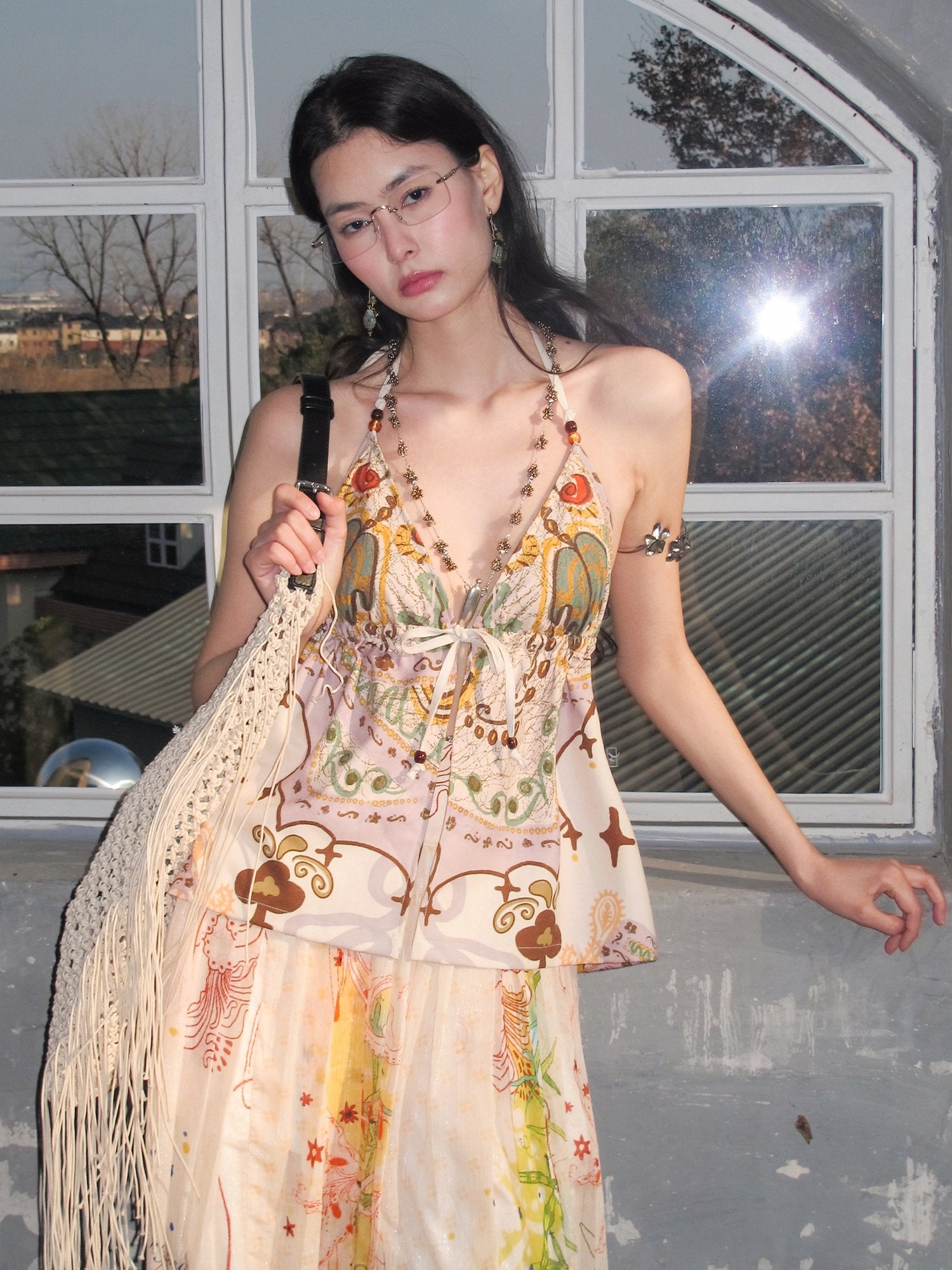 OfAkiva Floral Print Slim V-neck Tie Front Short Women Green Beige Halter Crop Tops