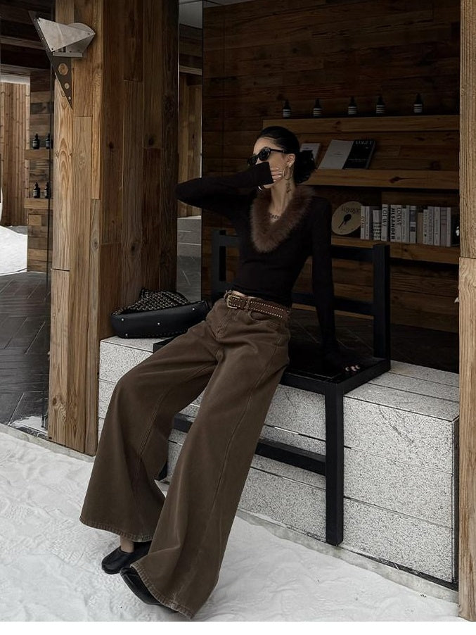 ZERO Vintage Low Rise Cotton Casual Women No Stretch Brown Wide Leg Jeans