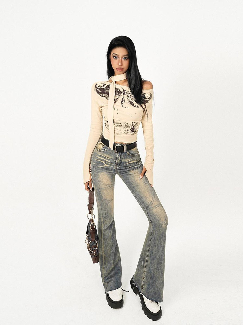 Nico Molly Cotton Tie Dye Slim Boatneck Cropped Khaki Print Girls Long Sleeve T-Shirts