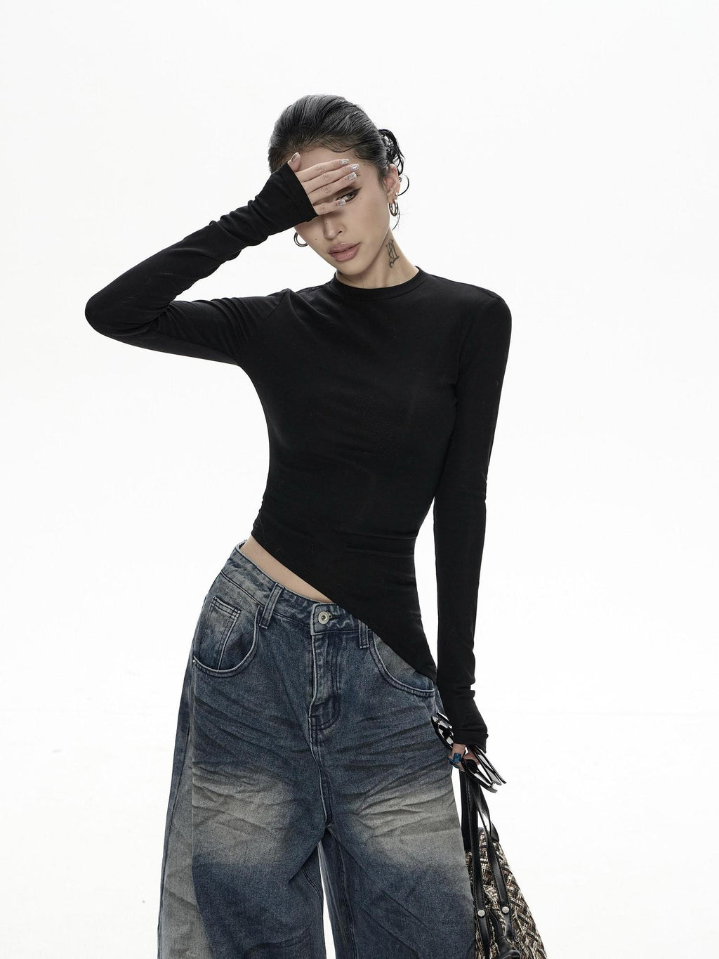 ZERO Rhinestone Mesh Lyocell Slim Cropped Women Black Long Sleeve T-Shirts