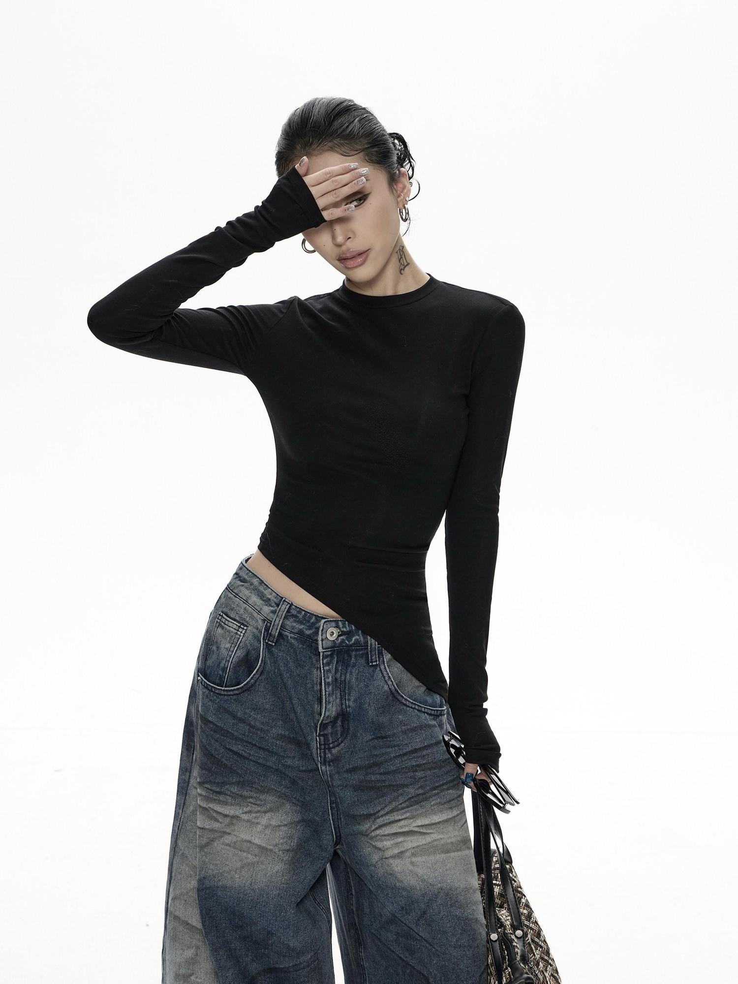 ZERO Rhinestone Mesh Lyocell Slim Cropped Women Black Long Sleeve T-Shirts