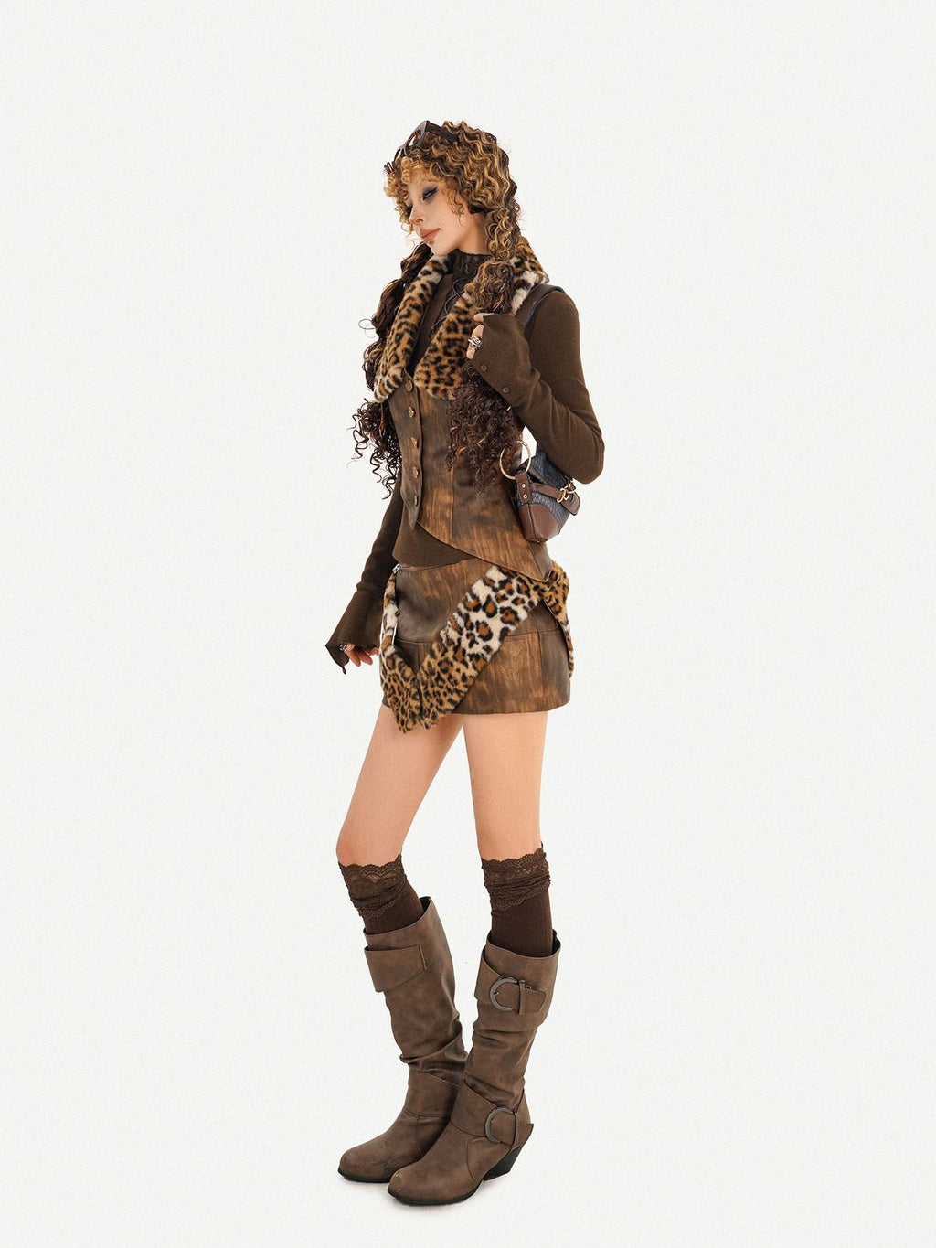 Nico Molly Leopard Trim Patchwork Nomadic A Line Mid Waist Casual Women Mini Skirts
