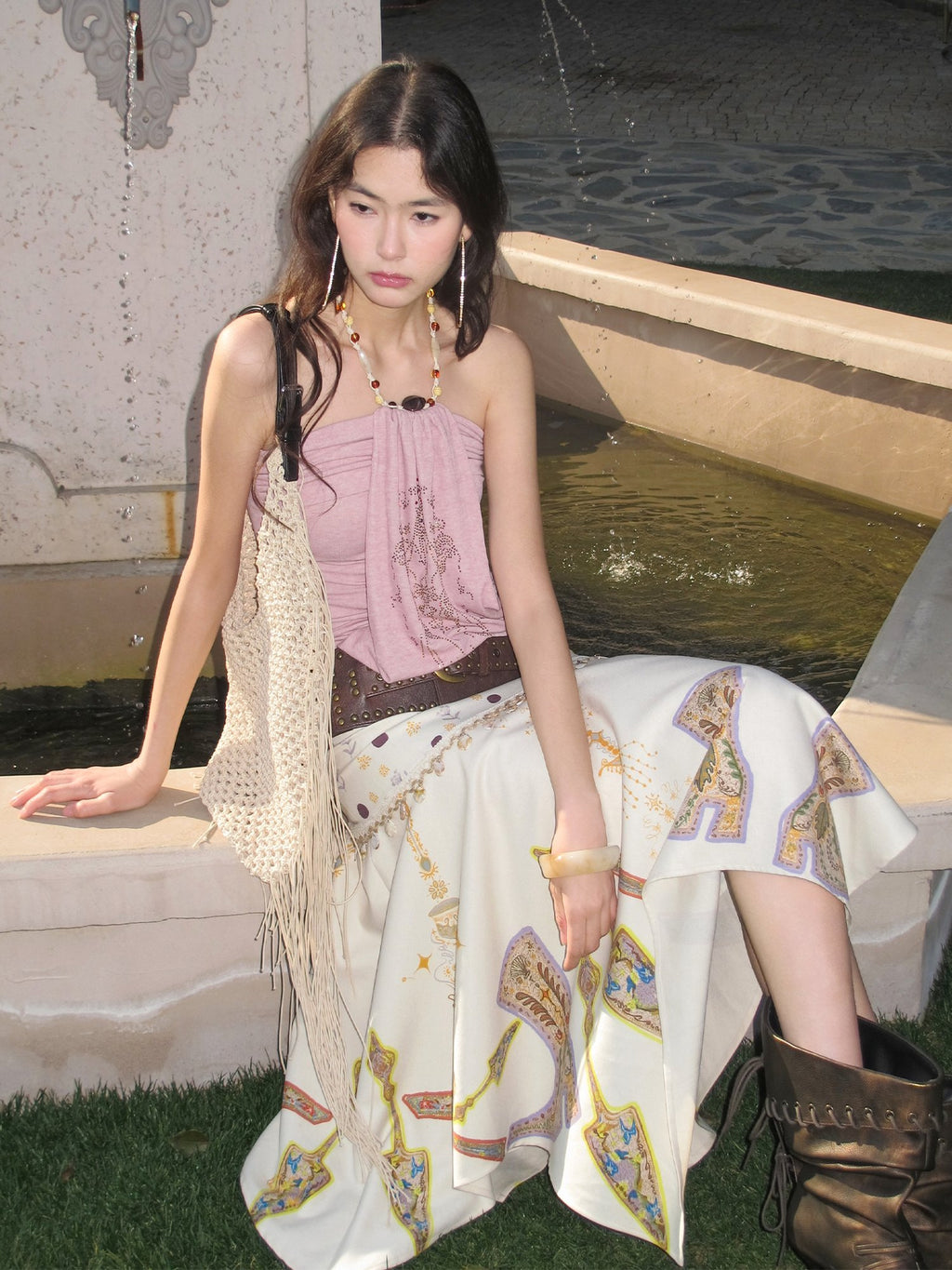 OfAkiva High Waist Asymmetrical A Line Slim Fit Printed Beige Women Maxi Skirts