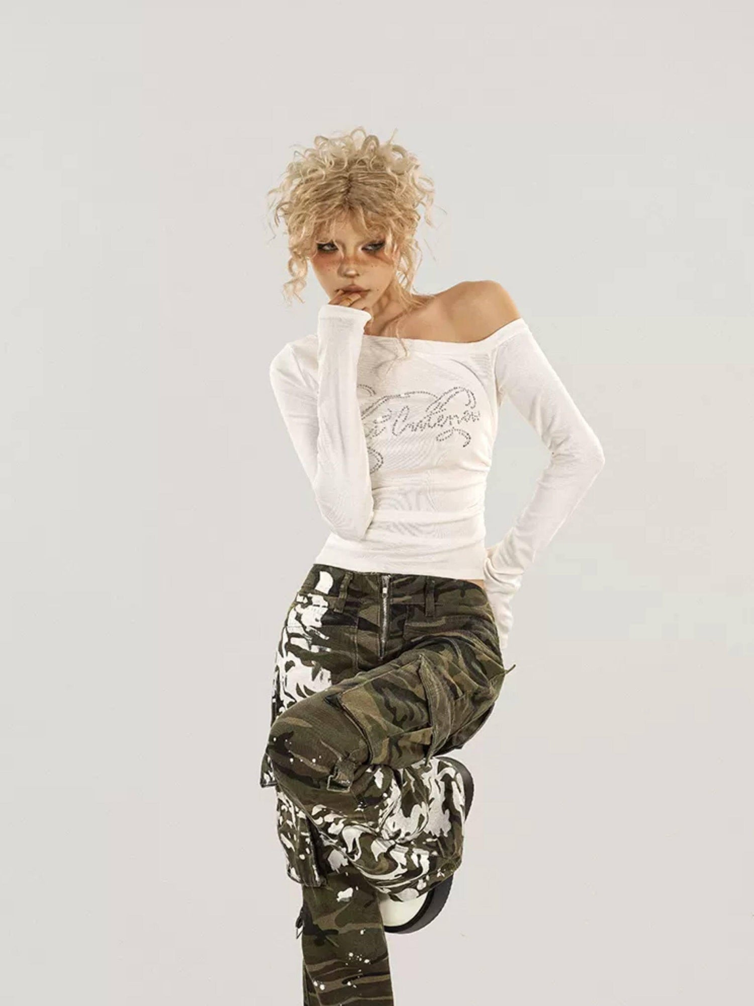 Nico Molly Rhinestone Print Slim One Shoulder Sexy Women Text Long Sleeve T-Shirts
