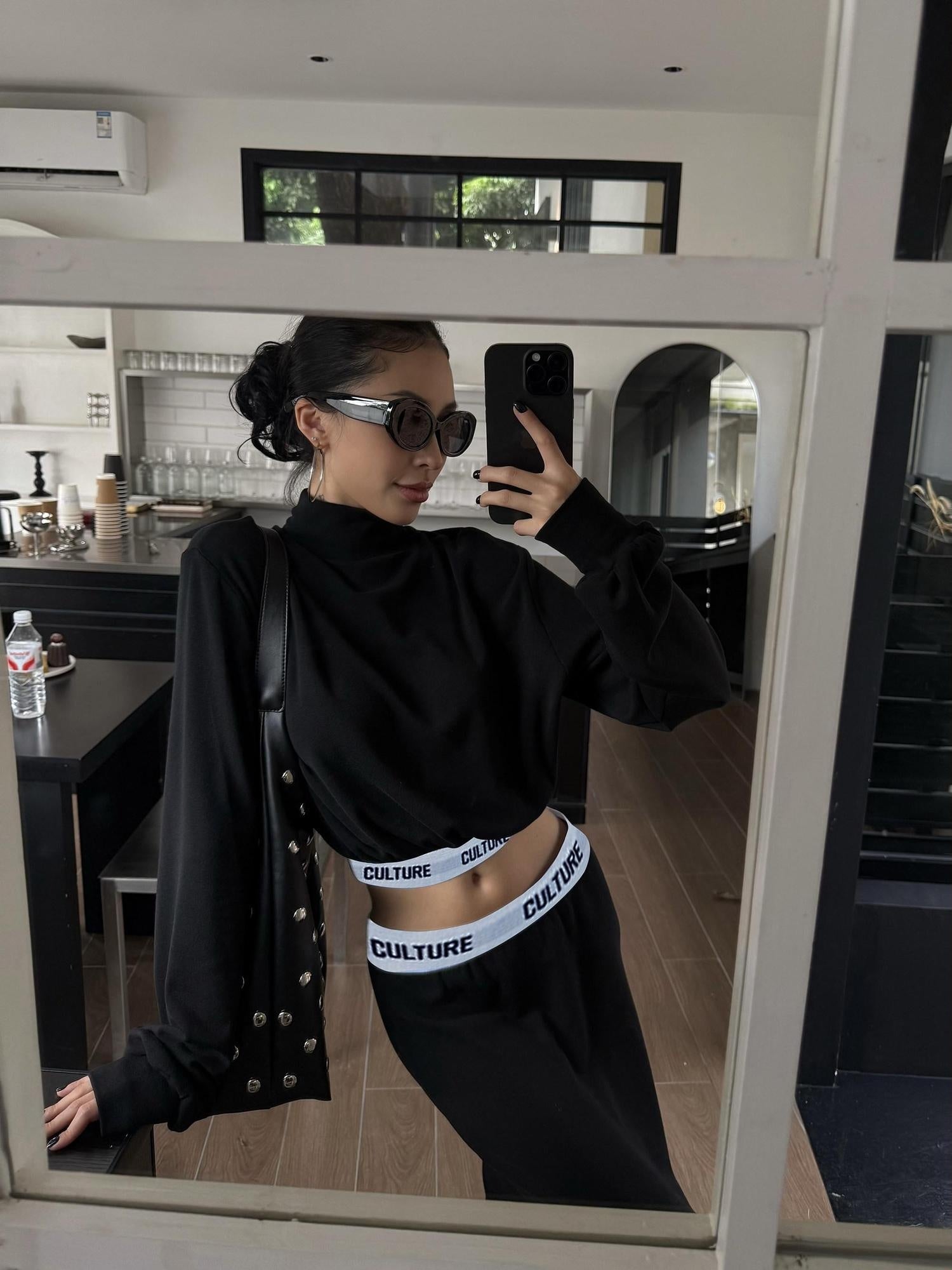 ZERO Mid Stretch Turtleneck Pullover High Waist Casual Women Viscose Top & Pants Sets