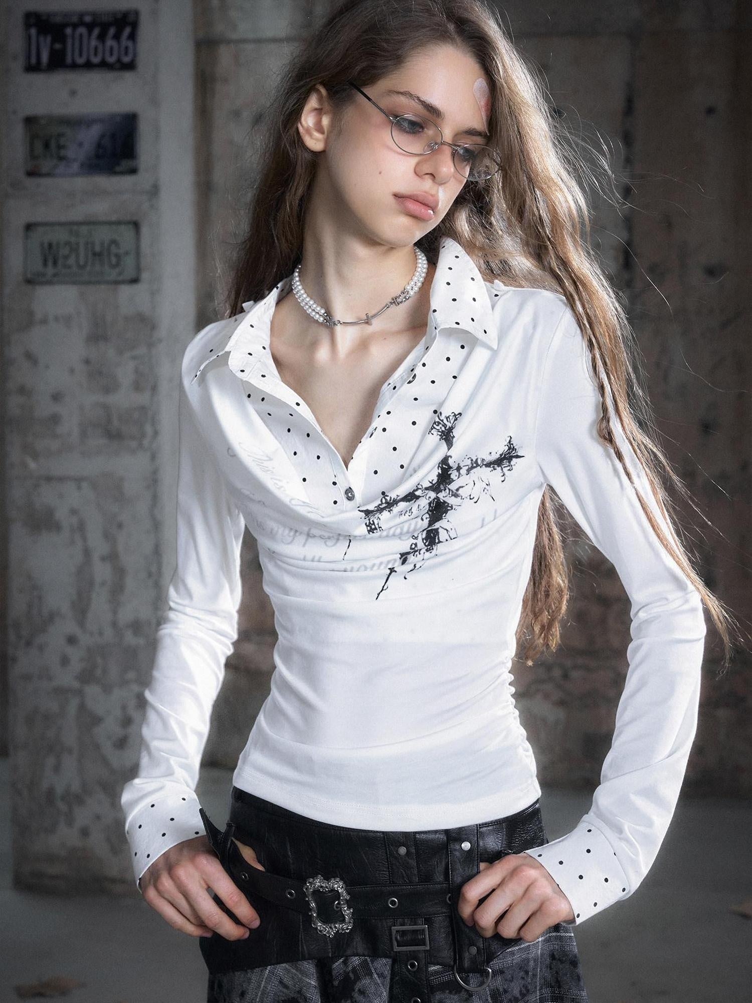 Cest Nous Tencel Non Deforming Punk Slim Printed Polo Collar Women Longsleevet-Shirts