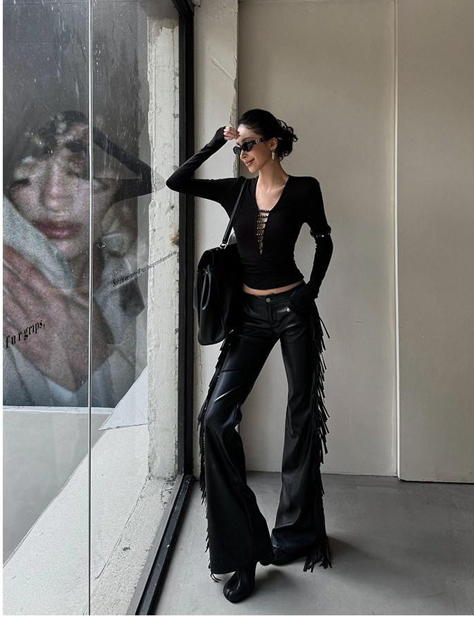 ZERO Soft Lyocell V-neck Slim Casual Women Black Long Sleeve Crop Tops