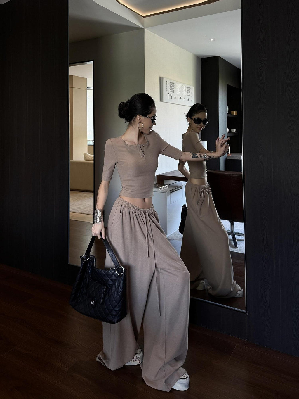 ZERO Soft Viscose Round Neck Long Sleeve Khaki Casual Women Pull On Top & Pants Sets