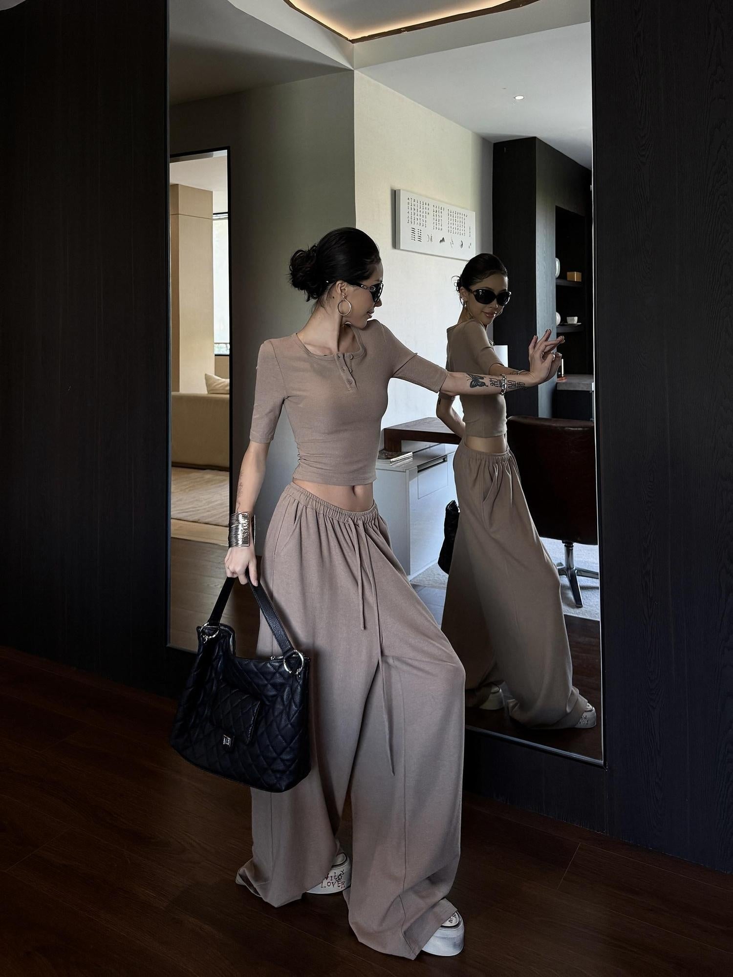 ZERO Soft Viscose Round Neck Long Sleeve Khaki Casual Women Pull On Top & Pants Sets