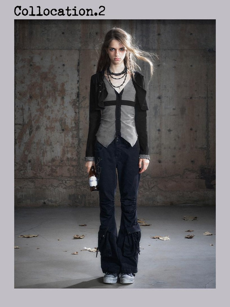 Cest Nous Slim Hooded Patchwork Knit Punk Long Sleeve Open Front Women Black Gray Blouses