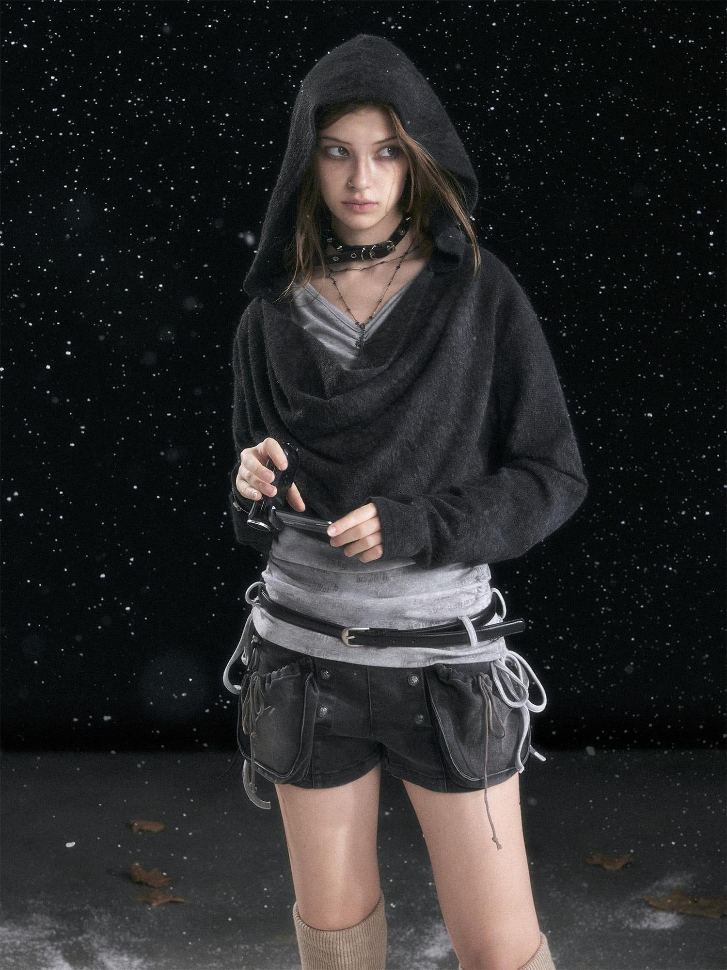 Cest Nous Distressed Relaxed Fit Hooded Striped Pullover Casual Women Viscose Knitwear