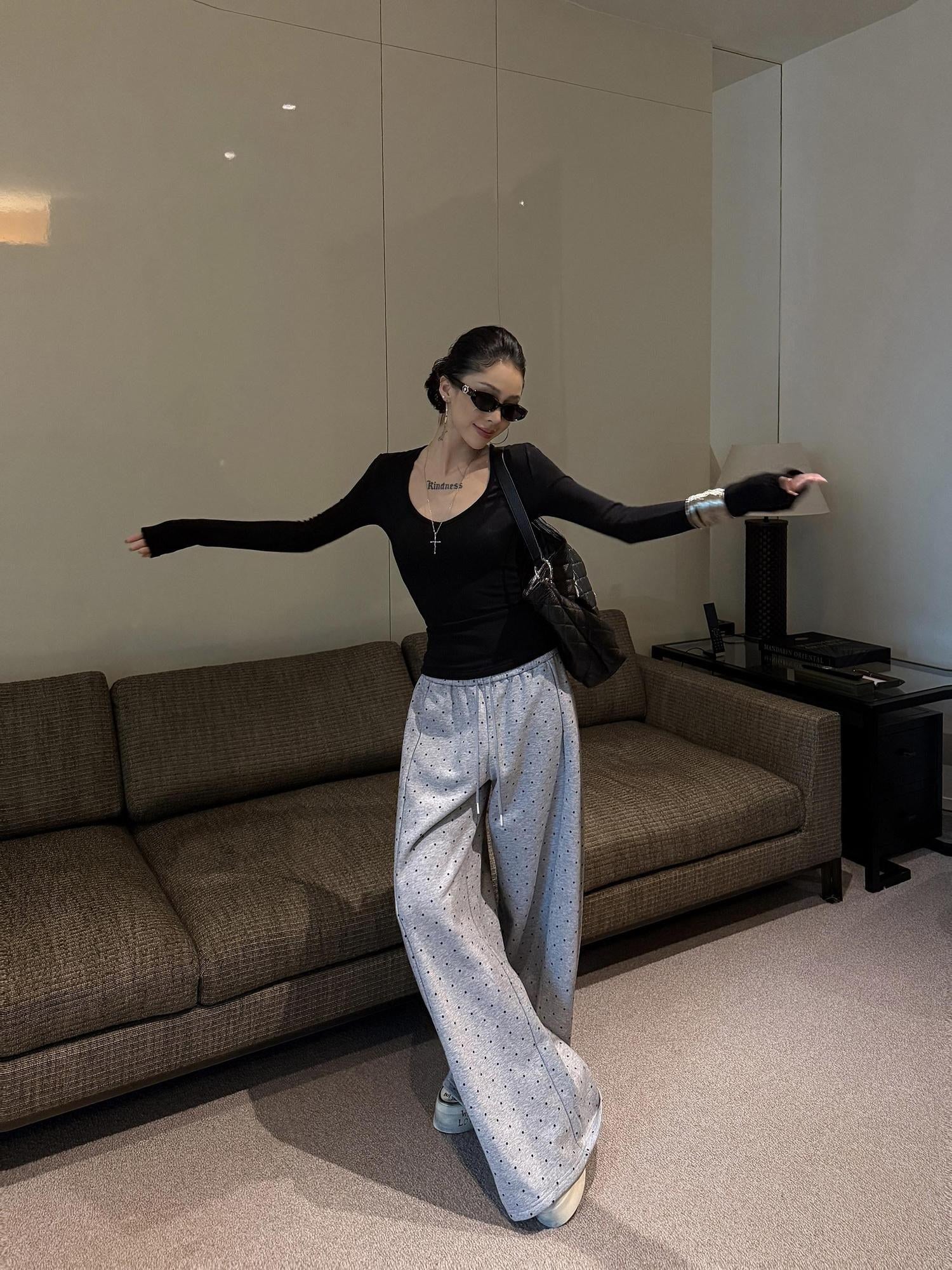 ZERO Polka Dot Cotton Knit Elastic Natural Waist Casual Women Everyday Wide Leg Pants
