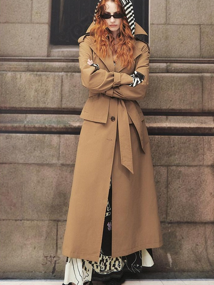 OfAkiva Faux Two Piece Long Stand Collar Straight Office Women Trench Coats