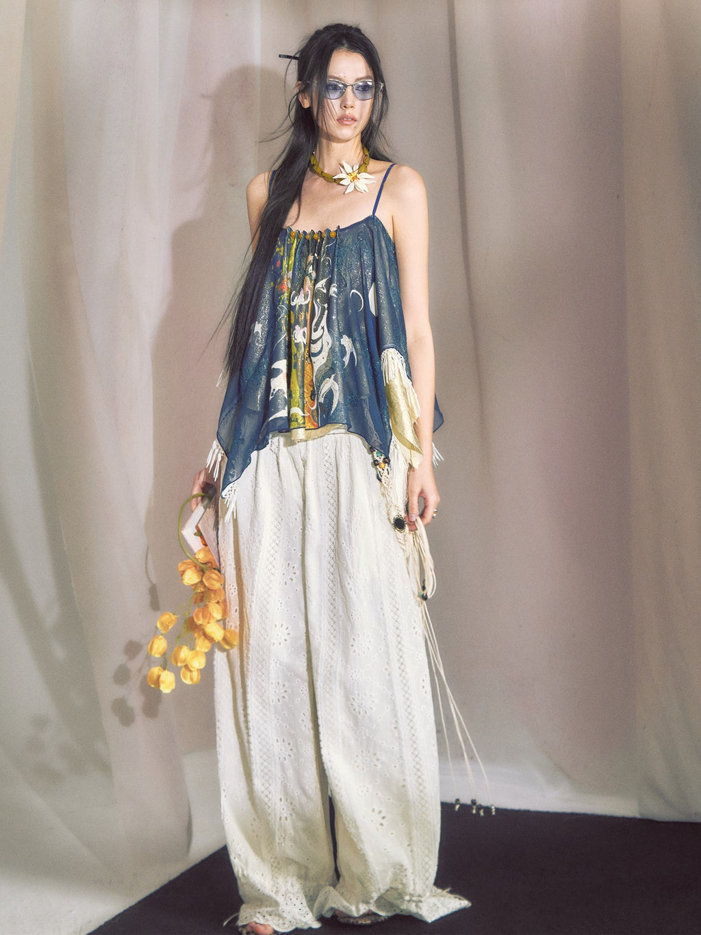 OfAkiva Relaxed Lantern Natural Waist Zip Fly Flared Hem Women Wide Leg Pants