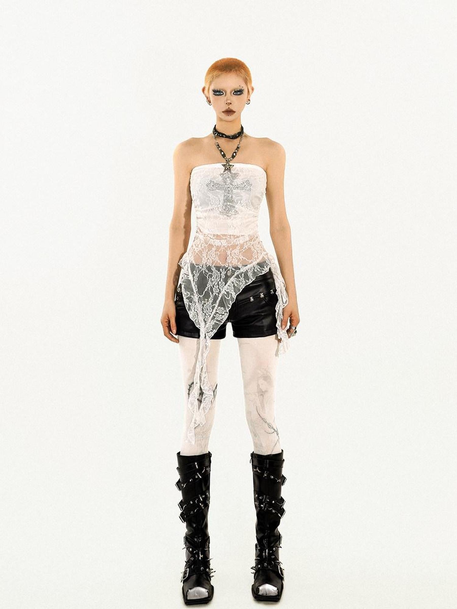 Nico Molly Fringe Slim Fit Punk Street Women Solid Black White Silver Tube Tops