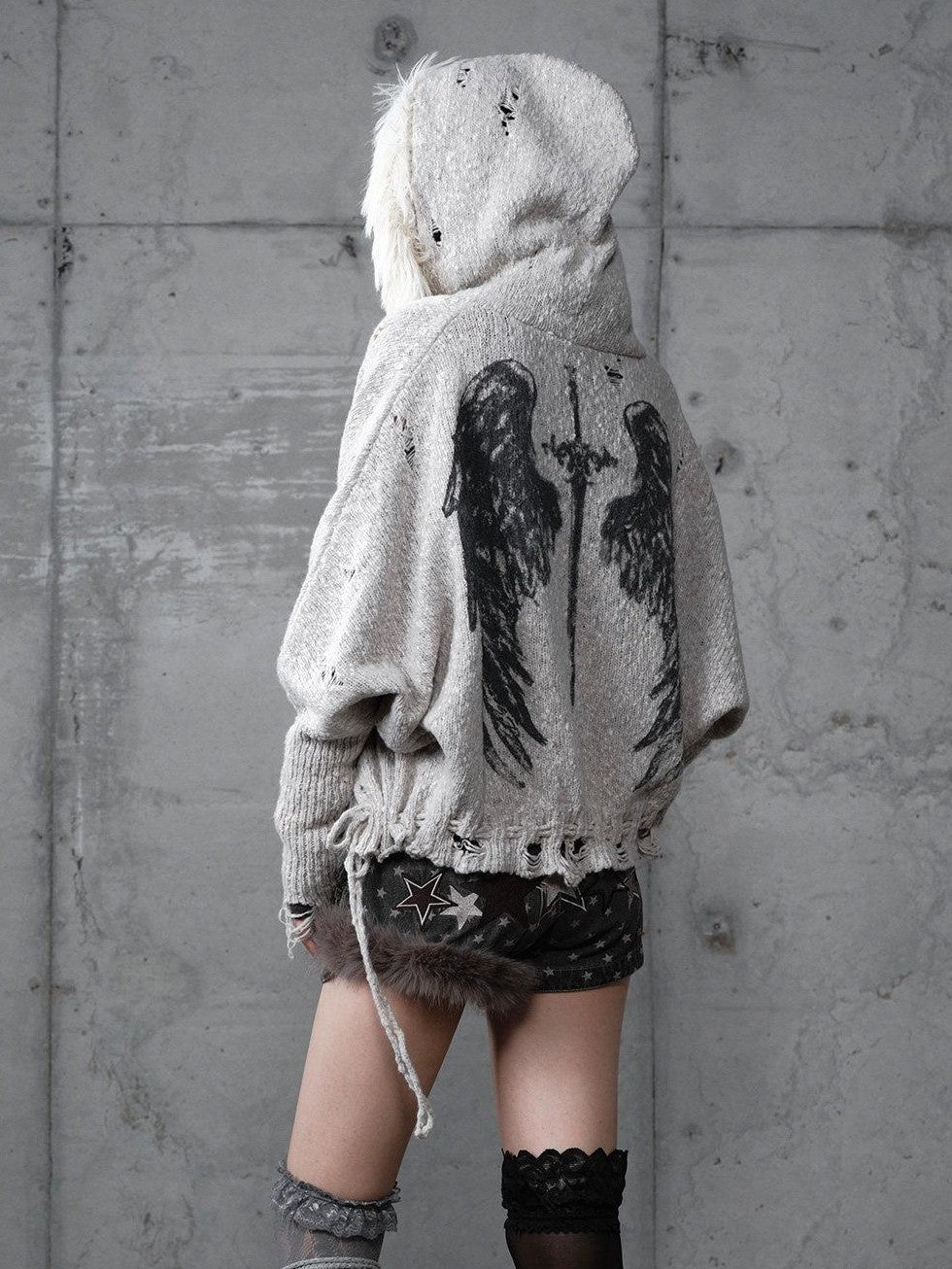 NO ROMANCE Vintage Shibuya Knitted Batwing Sleeve Hooded Women'S Knit Hoodies