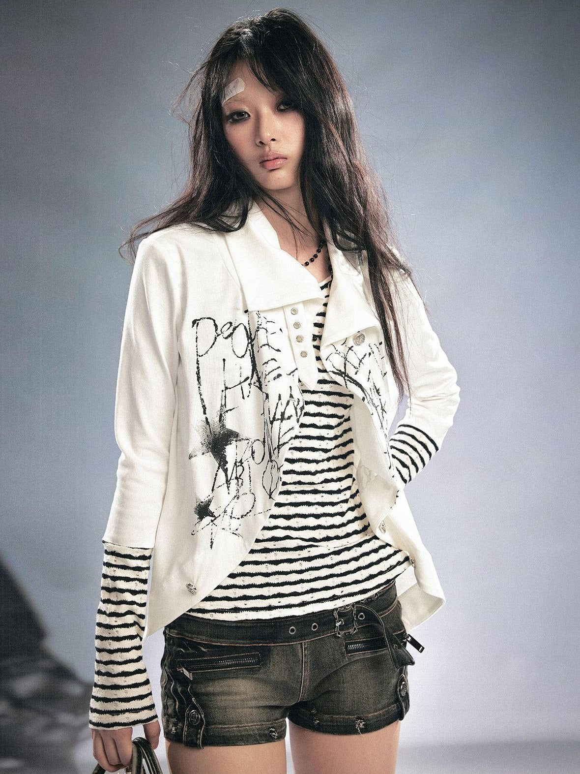 Cest Nous Stretch Cotton Punk Faux Layer Women Striped Pullover Black White Cardigans