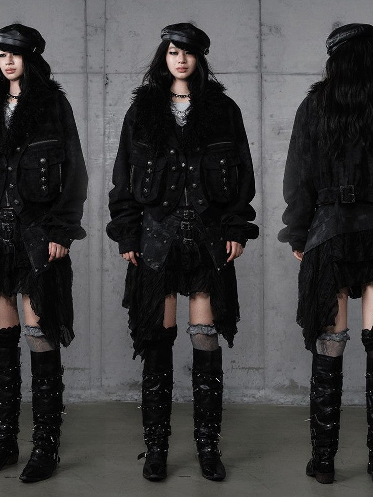 NO ROMANCE Dark Punk Court Knight Heavywork Functional Layered Women'S Suede Utility Jackets
