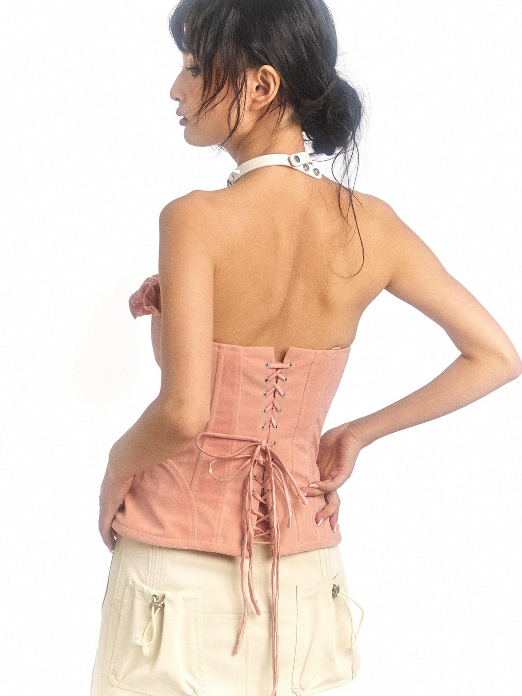 Flowers birds Market Zipper Detail Sweet Fitted Cropped Strapless Solid Pink Tube Tops / Bandeaus