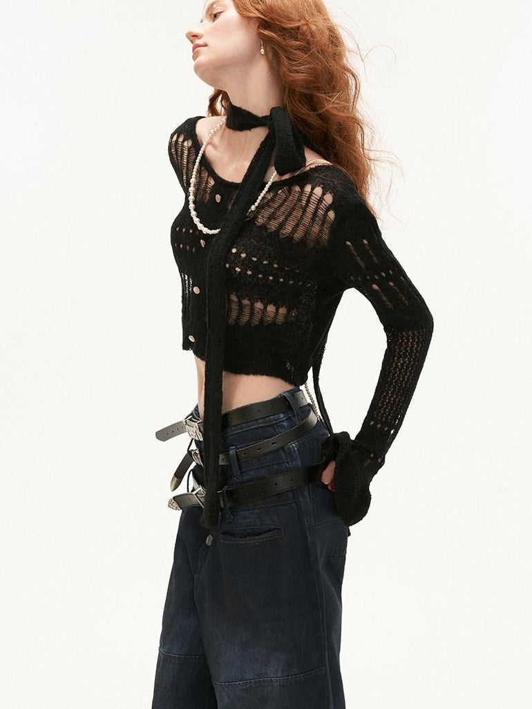 MAMC Wool Blend Hollow Knit Casual V-neck Short Button Two Piece Women Cardigans