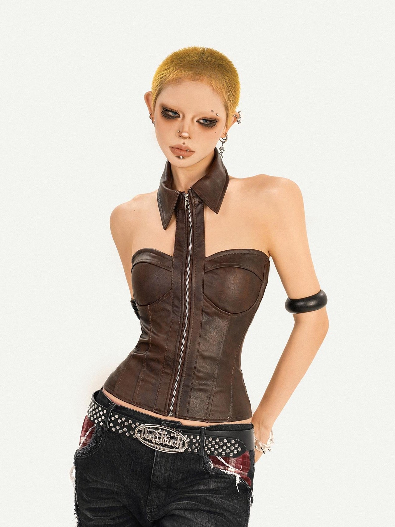 Nico Molly Pu Faux Leather Padded Zipper Crop Sexy Halter Collar Slim Women Camisoles